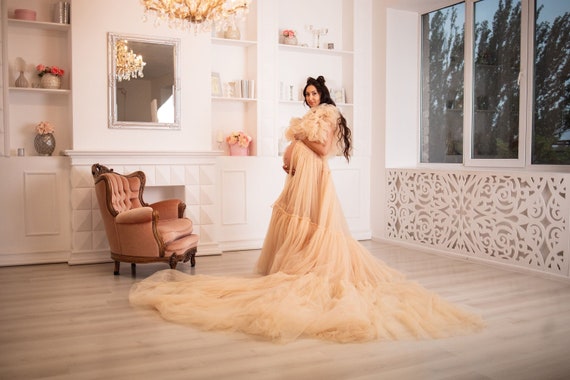 chinese dress ladies BIRENEROBE Ruched Floor Length Wedding Dresses with Brush Train Deep V Neck  Long Sleeves Baby Blue Bridal Gowns with Slit Maternity Dresses for  Photoshoot at Amazon Women's Clothing store main image 1