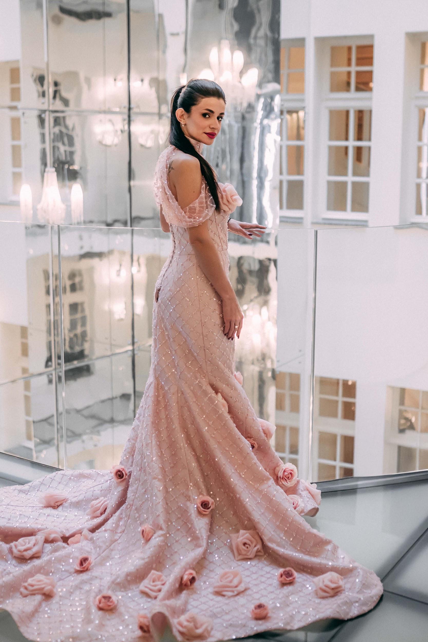 Blush Mermaid Wedding Dress with 3D Roses - Pearl Lace Wedding Dress Unique Couture Bridal Gown - Mikado Satin Custom Wedding Dress
