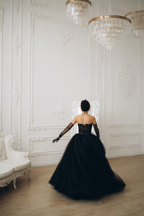 ballgown formal women's black strapless wedding dress Strapless Bodice Corset Black Organza Ball Gowns Wedding Dresses