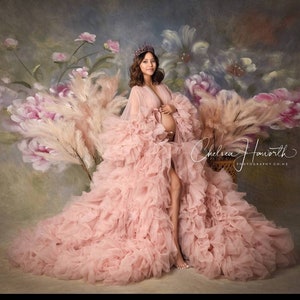 Blush Tulle Maternity Robe For Photoshoot, Boudoir Robe, Dramatic Dress Gown, Marabou Robe, Tulle Pregnancy Robe, Pink Baby Shower Dress