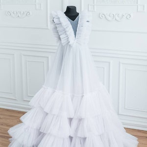 White Maternity Baby Shower Dress, Tulle Maternity Dress For Photoshoot, White Wedding Gown, Maternity Gown