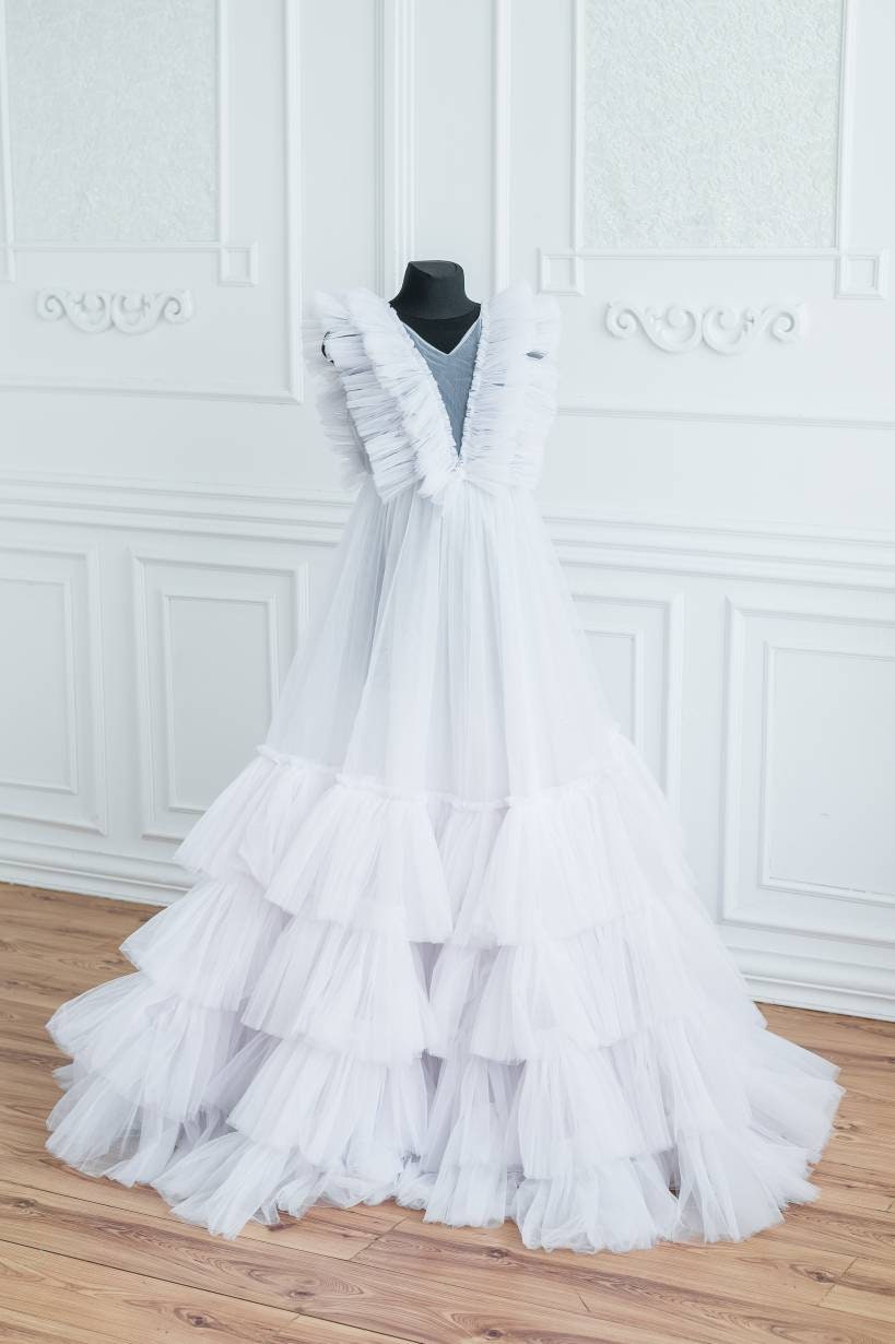 Off White Maternity Wedding Dress with ruffles, Empire Waist Wedding L