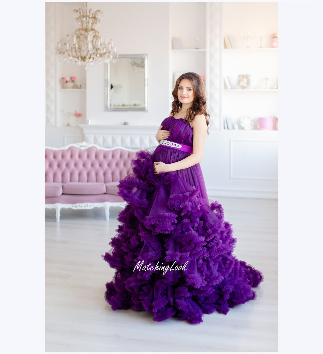 Maternity ruffled tulle dress photoshoot Pregnancy purple cloud dress