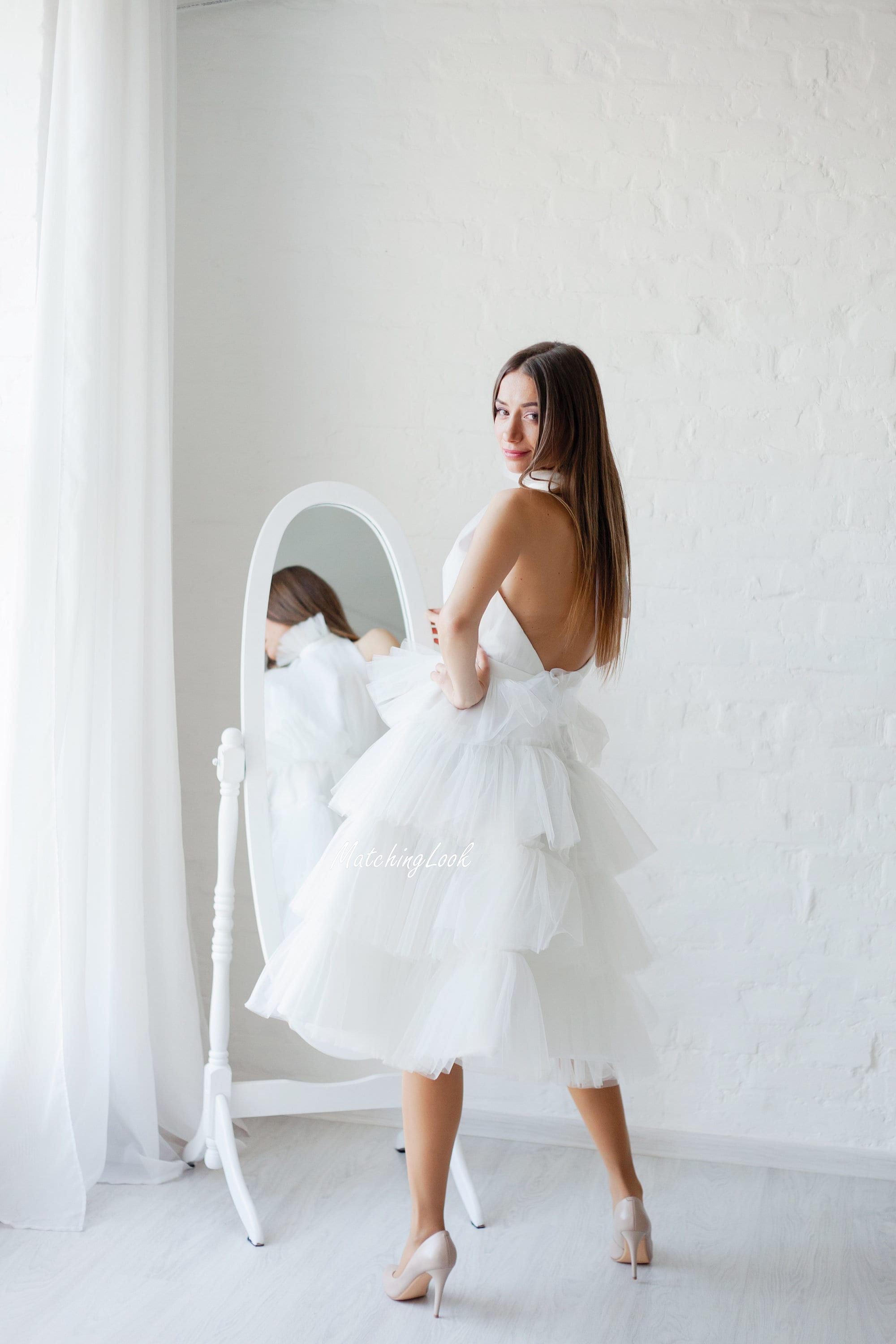 White Wedding Dress Women, Formal Tulle Dress, Engagement Dress, Cocktail Party Dress, Formal Halter Photography Dress, Open Back Dress