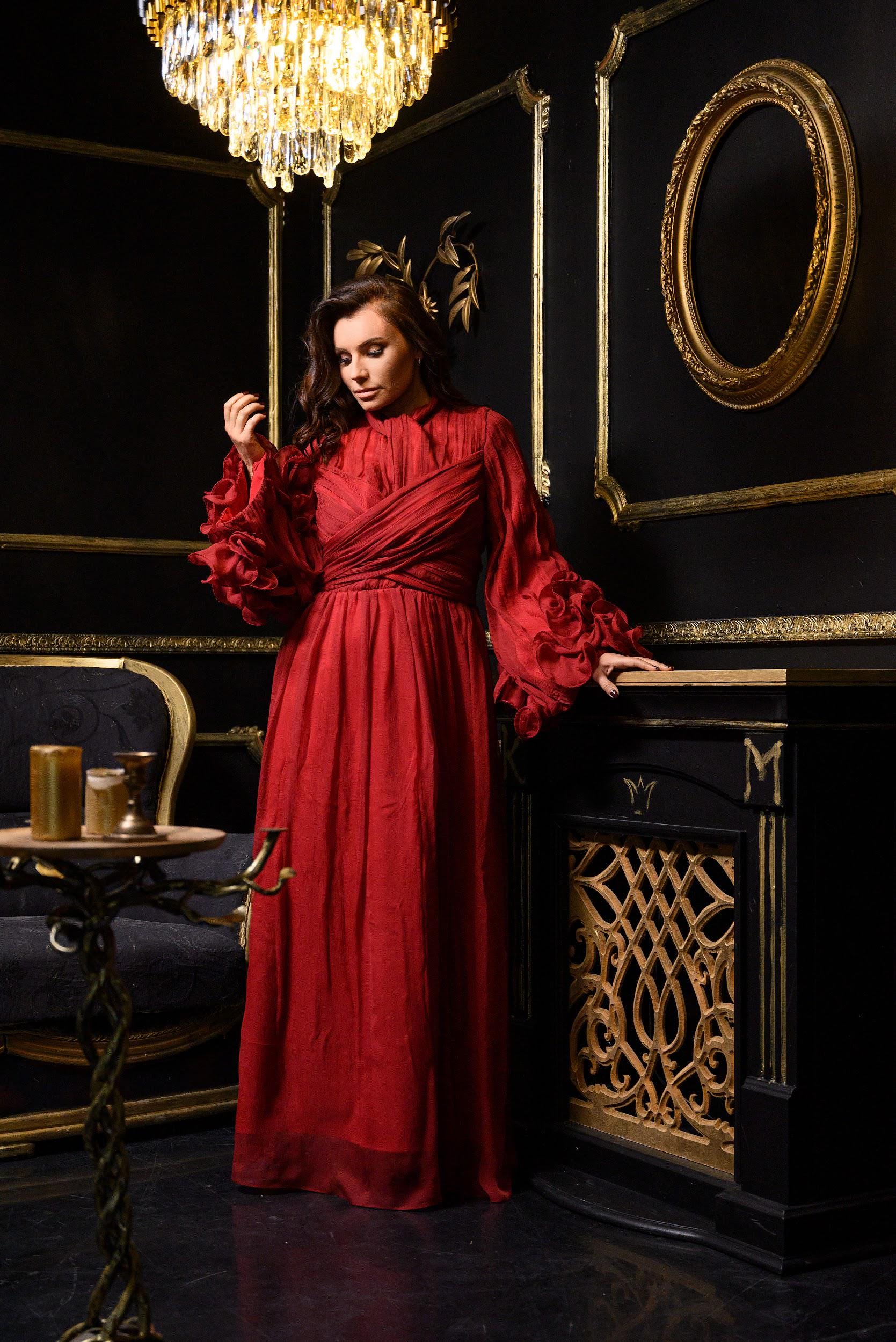 dark red chiffon dress Red chiffon dress