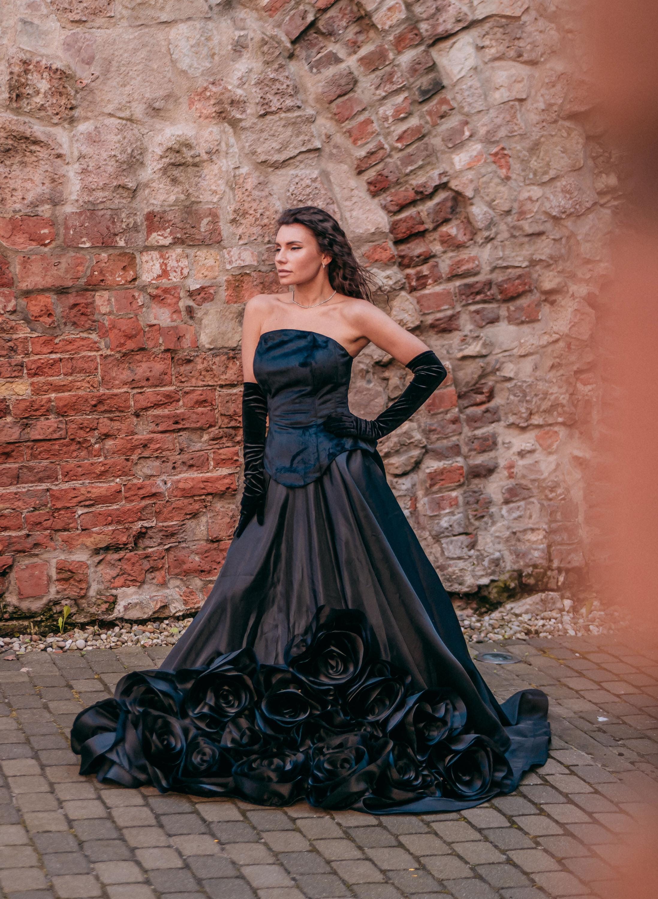 one shoulder ruffle dress black Black Satin Mermaid Corset Lace Long Prom Dresses, SLP039