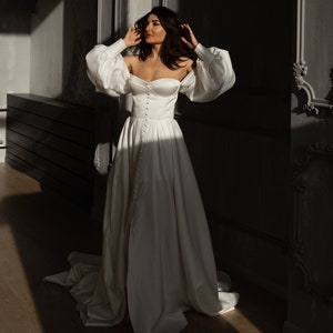 Off White Wedding Dress Simple Elopement Dress Corset Dress With Sleeves Satin Wedding Gown main image 1