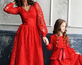 Mommy And Me Matching Red Outfit, Red Lace Formal Dress, Mother Daughter Romantic Dresses, Party Outfit, Tutu Dress For Photoshoot, Occasion