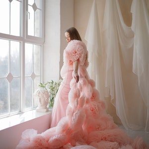 May include: A light pink maternity gown with a layered, ruffled design. The gown features a long train and a floral-like embellishment on the shoulders. The model is standing near a window with white curtains.