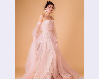 Blush Pink Wedding Dress, Alternative Wedding Tulle Gown, Fairytale Wedding Dress, Polka Dot Elegant Dress,Pink Bridal Gown,Engagement Dress