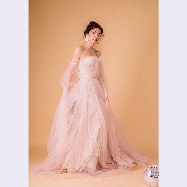 Abito da sposa rosa cipria, abito da sposa alternativo in tulle, abito di fidanzamento rosa, abito elegante a pois, abito da sposa rosa, abito da ballo con corsetto