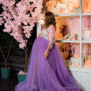 Lavendel zwangerschapsjurk, zwangerschapsjurk, paarse zwangerschapsjurk fotoshoot, mama als foto rekwisieten, paarse pure jurk, off shoulder jurk