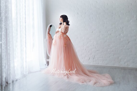 Maternity Dress, Pregnnacy Dress for Photoshoot, Peach Lace Maternity Gown, Infinity Dress, Tulle Train Dress, Formal Dress, Princess Dress Maternity Dress, Pregnnacy Dress for Photoshoot, Peach Lace Maternity Gown, Infinity Dress, Tulle Train Dress, Formal Dress, Princess Dress