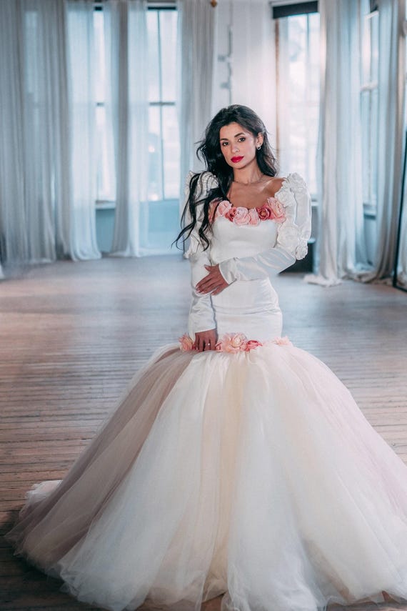 Champagne Mermaid Bridal Gown with 3D Flowers & Detachable Sleeves, Vintage Hollywood Couture