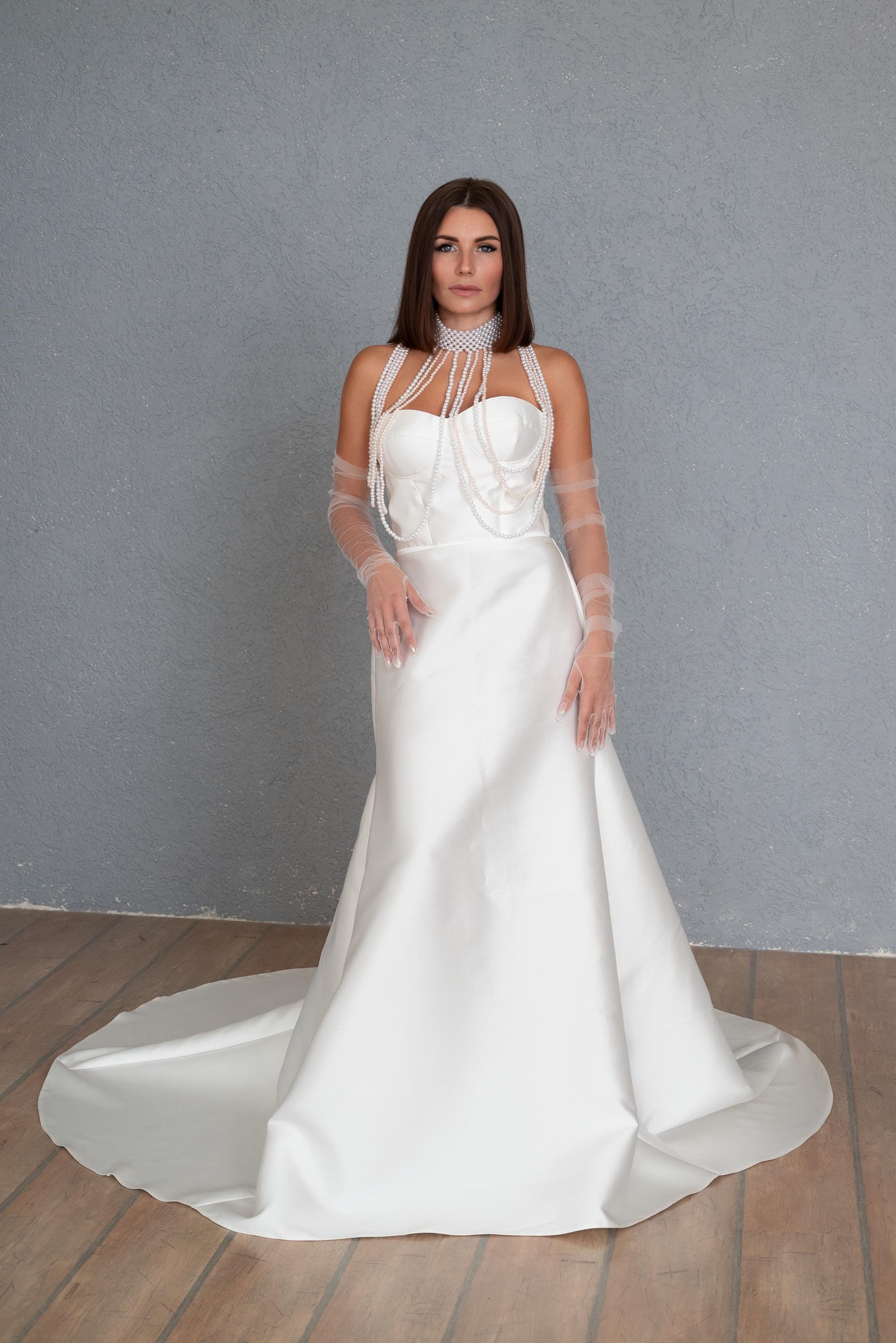 Minimalist Wedding Dress With Train, Satin Mikado Bridal Gown, Old