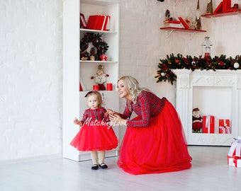Mommy And Me Christmas Dress, Holiday Outfit, Mother Daughter Matching Dress, Christmas Photography, Red Tartan Dress, Plaid Matching Dress