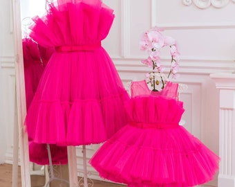 Mommy And Me Dress Formal, Mother Daughter Matching Tulle Dress, Adult Tutu Dress, Mothers Day Outfit, Hot Pink Summer Dress, Photoshoot
