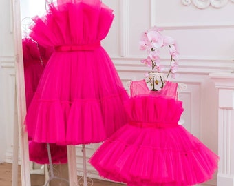 Mommy And Me Dress Formal, Summer Dresses, Hot Pink Mother Daughter Matching Wedding Guest Dress, Adult Tutu Dress, Summer Photoshoot