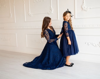 Special Occasion Mother Daughter Dresses For Weddings High Low Navy Long  Sleeve Mother Daughter Matching Formal