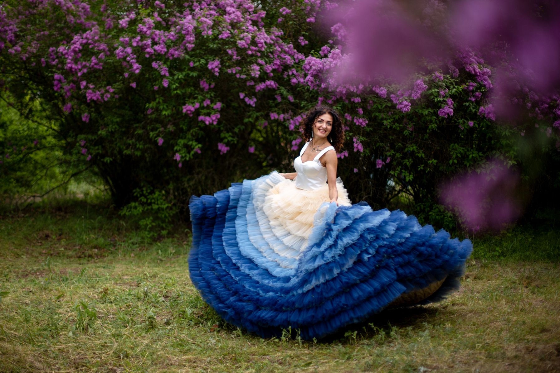 black and blue ombre wedding dress Custom made deep V ombre cascading wedding dress