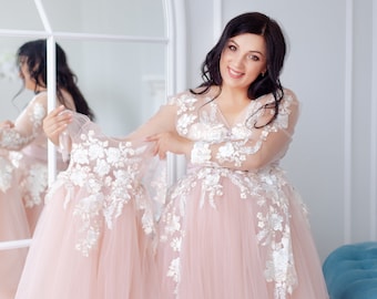 Maternity Dress For Photo Shoot, Mommy And Me Dress, Pink Maternity Wedding Gown, Pregnancy Lace Dress Blush, Photo Props Dress,Mom Daughter