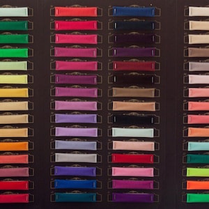 Pu&ograve; includere: Una cartella colori con 18 righe di campioni di tessuto. Ogni riga ha 5 campioni di tessuto in diversi colori. I colori includono bianco, verde, rosso, nero e beige.