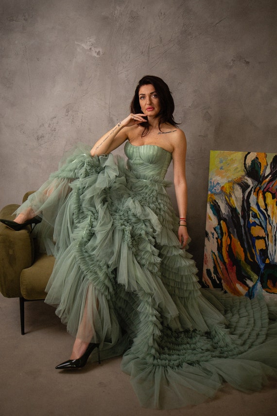 Sage Green Wedding Dress Gown Formal Evening Gown Black Tie Corset Dress Tiered Tulle Dress Green Prom Dress Goblincore Photoshoot Etsy Canada