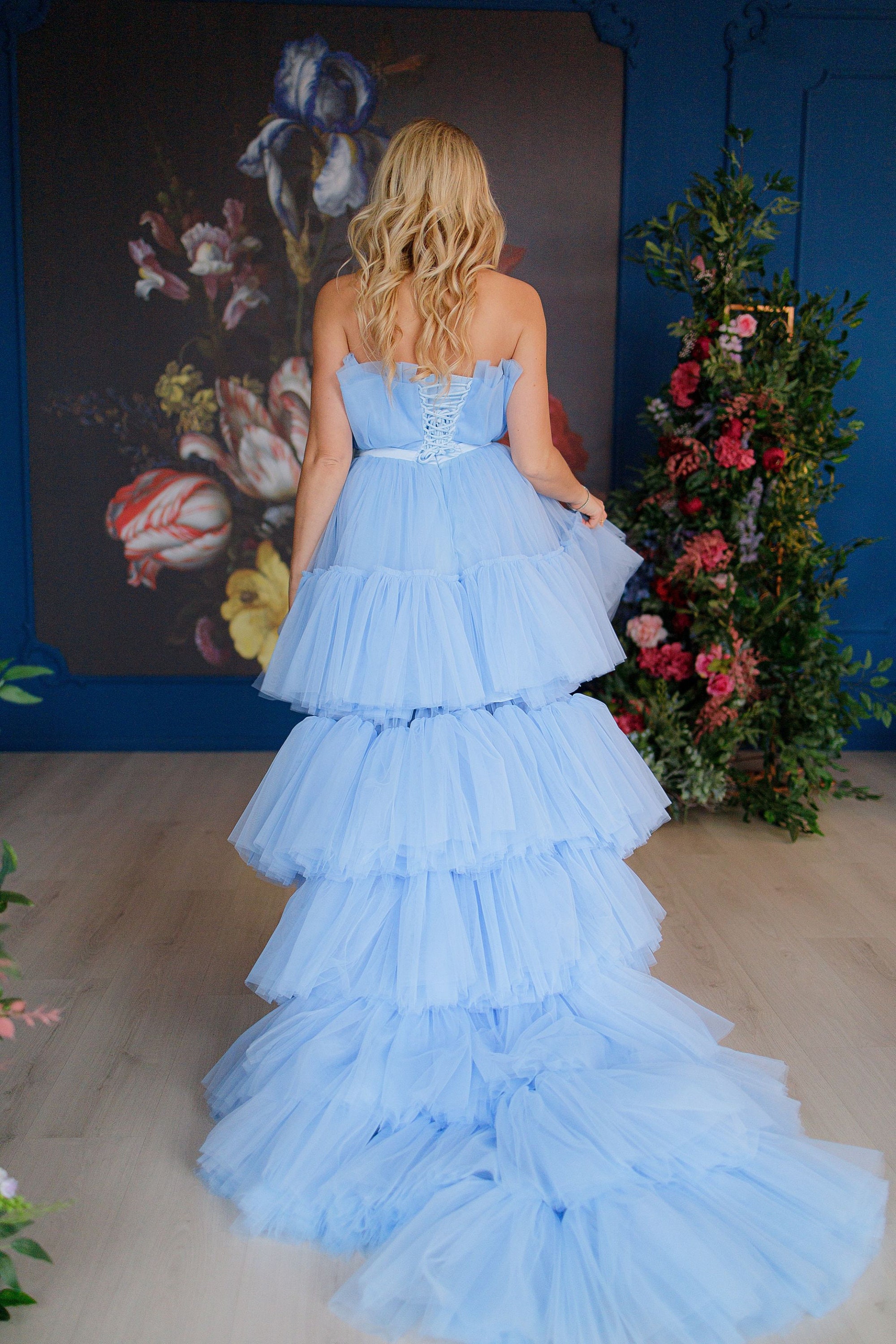 blue tutu dress for adults Sky Blue Tutu Dress, Tulle Asymmetrical Tiered Gown,High Low Tulle Dress,Gown With Detachable Train,Puffy Party Tulle Gown With Cotton Linen
