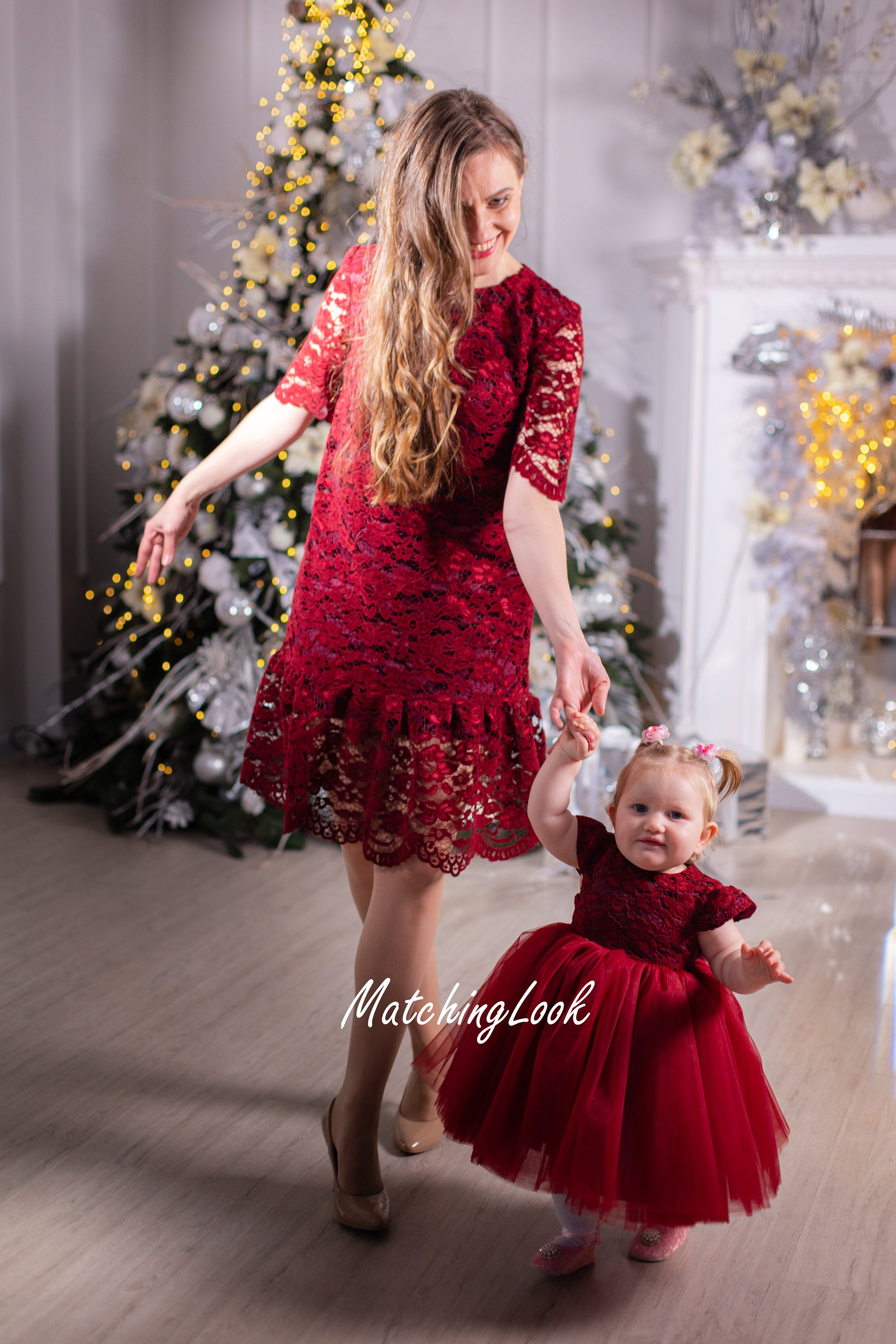 Burgundy Mom and Daughter Holiday Dresses