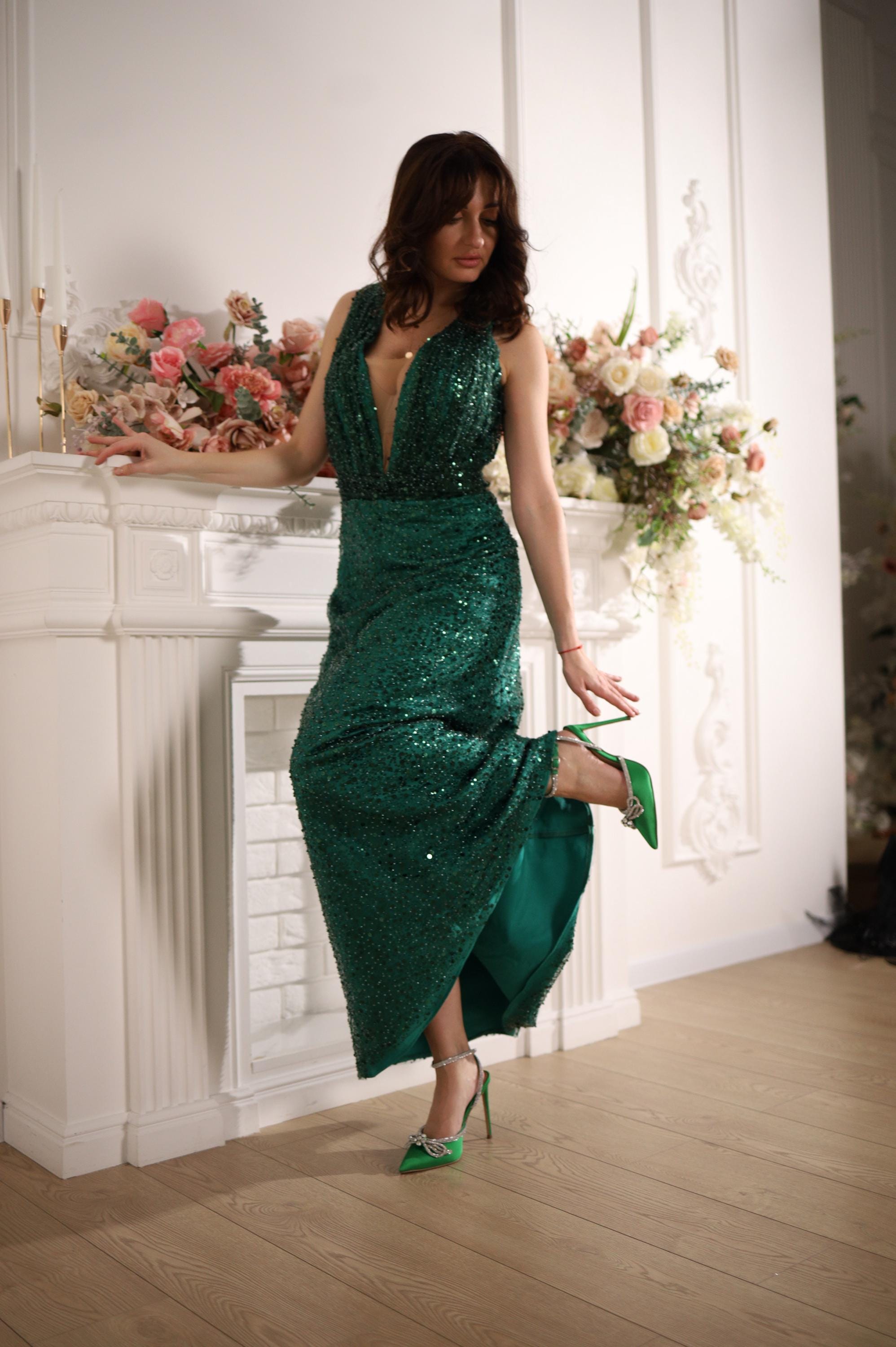 green emerald velvet dress Tina Holly Couture TW030 Emerald Green Gala A Line Formal Dress main image 1