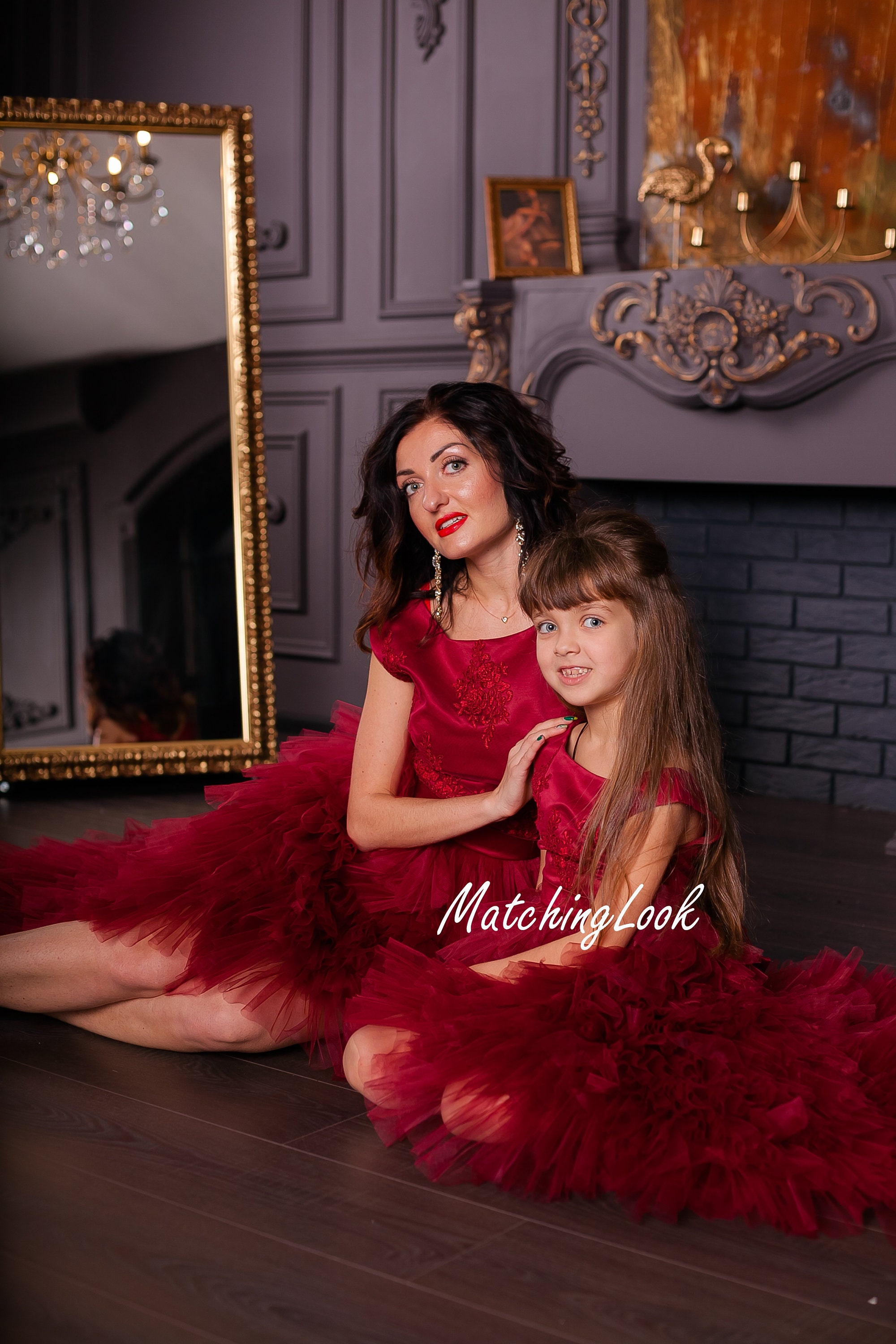 burgundy mommy and me dress Spring/Autumn Mother Daughter Matching Dresses