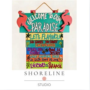 Welcome Paradise Flamingo Sign, Tropical Poolside Decor, Custom Outdoor Hanging Sign, Let's Flamingle, Backyard Patio Bar Decor