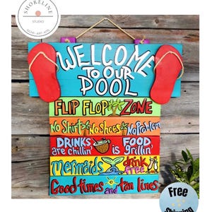 Custom Pool Rules Outdoor Tropical Hanging Sign for poolside deck cabana beach house