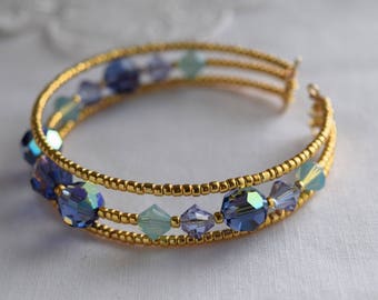 Blue Purple Crystals Wrap Bracelet, Multi-layered Beaded Bracelet, Gold and Purple Memory Wire Bracelet