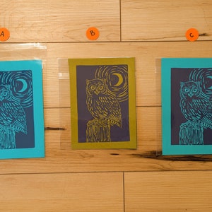 Owl on colored paper- Block Print