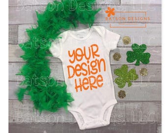 St. Patrick's Day White One Piece Bodysuit Instant Download Mock-up Shamrock and Green Product Mockup | Small Business Stock Photo