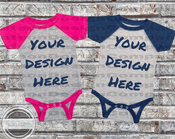 2 One Piece Baseball Sleeve Style Bodysuits Mockup Pink 2 One Piece Baseball Sleeve Style Bodysuits Mockup Pink