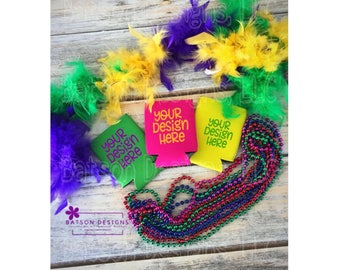 Download Free Green Pink Yellow Can Holder Mardi Gras Mockup Instant Download | Fat Tuesday Mock-up Bottle Holder Foam Sleeve Instant Download JPEG File PSD Template