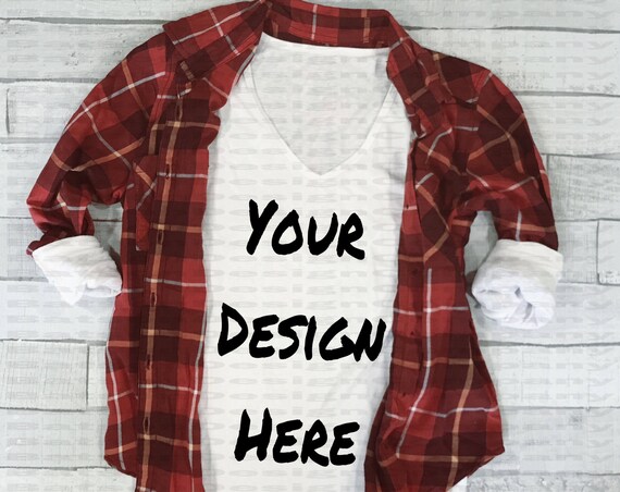 Download Free Long Sleeve White Vneck And Plaid Shirt Mockup ...