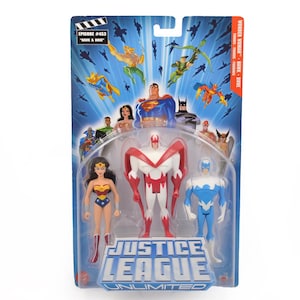 May include: A Justice League Unlimited action figure set featuring Wonder Woman, Hawk, and Dove in their original blister packaging. The card back displays various DC superheroes and the text Episode #453 Hawk & Dove, Justice League Unlimited.