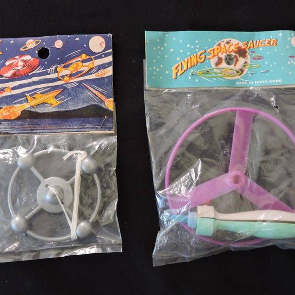 Lot of 2 Vintage 1960's Plastic Space Saucer Toys in Original Packaging - Made in Hong Kong - Space Age Dimestore Toys