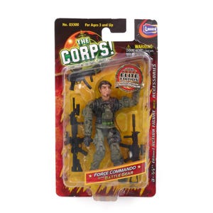 May include: The Corps! Elite Edition Force Commando action figure in original blister packaging. The set includes a 3.75-inch tall soldier figure wearing camouflage tactical gear, accompanied by three black plastic toy rifles and accessories.