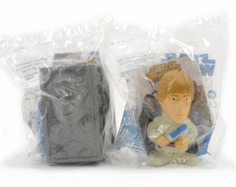 Star Wars Revenge of the Sith Han Solo in Carbonite and Luke Skywalker Burger King Toys - Sealed in Original Packaging