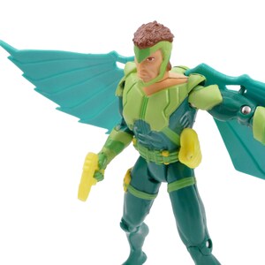 May include: Action figure of a superhero with green and blue wings. The figure is wearing a green and blue suit with yellow accents. The figure is holding a yellow weapon. The figure has brown hair and a green helmet.