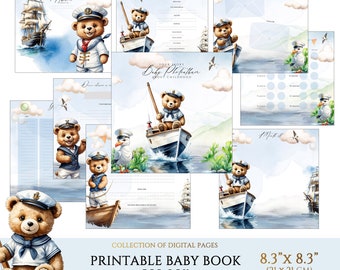 Nautical Sailor Bear Baby Monthly Milestone Book, Printable Baby Memory Book Pages, Babys First Year Journal Boy, 1st Baby Photo Album