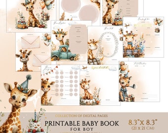 Printable Baby Memory Book Pages, Sweet Giraffe Baby Monthly Milestone Book, Babys First Year Journal Boy, 1 st Baby Photo Album Scrapbook