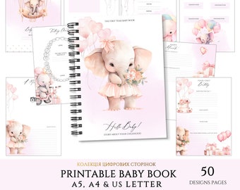 1st Printable Baby Book Pages, Pink Elephant Baby Memory Book, First Year Baby Keepsake Journal, Baby Monthly Milestone Book PDF for Girl