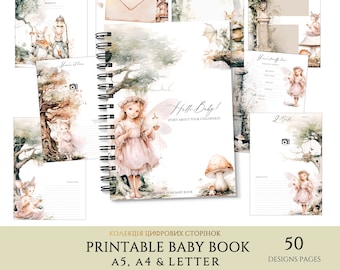 Op de afbeelding: Printbaar babyboek met 50 ontwerpen. De omslag toont een aquarel-illustratie van een meisje in een roze jurk met een bloemenkrans, dat een vlinder vasthoudt. De tekst "Hello Baby!" en "Story About Your Childhood" staat op de omslag. Het boek is verkrijgbaar in de formaten A5, A4 en Letter.