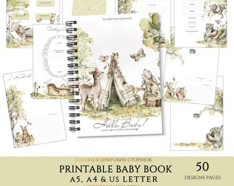 Op de afbeelding: Printbaar babyboek met 50 ontwerpen. De omslag toont een aquarel-illustratie van een tipi met dieren in een boslandschap. De tekst "Hello Baby! Story about your childhood" staat op de omslag.