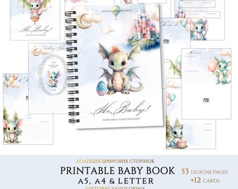 Printable Baby Memory Book Pages, First Year Baby Keepsake Journal, Dragon Baby Monthly Milestone Book PDF, Digital Scrapbook Journal